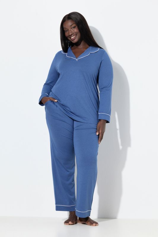 Contrast Piping Lapel Collar Pajama Set