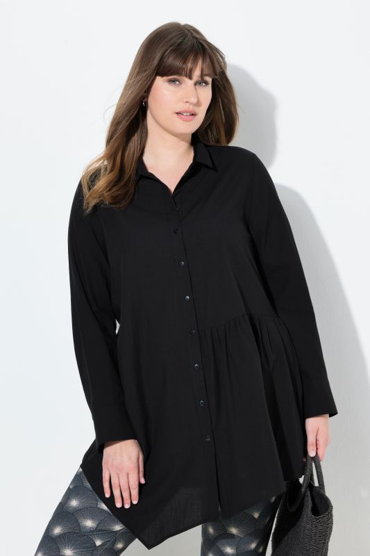 Eco Cotton Asymmetric Flounce Panel Button Down Tunic Blouse
