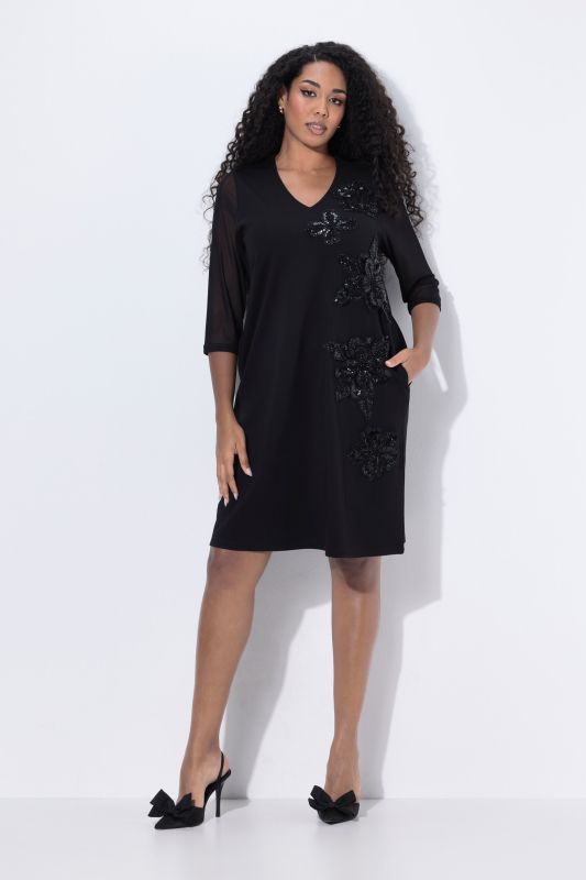 Sequined Flower Applique 3/4 Sleeve Dress