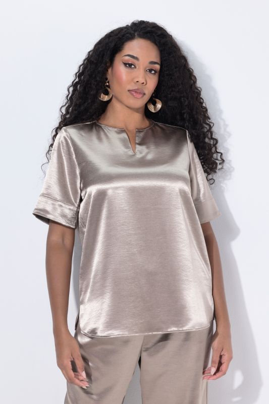 Metallic Satin Short Sleeve Blouse