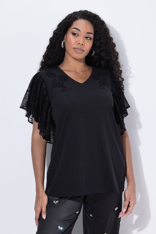 Flocked Flower Wing Sleeve Top