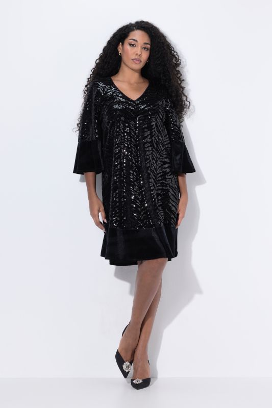 Tonal Sequined Tiger Stripe 3/4 Sleeve Dress
