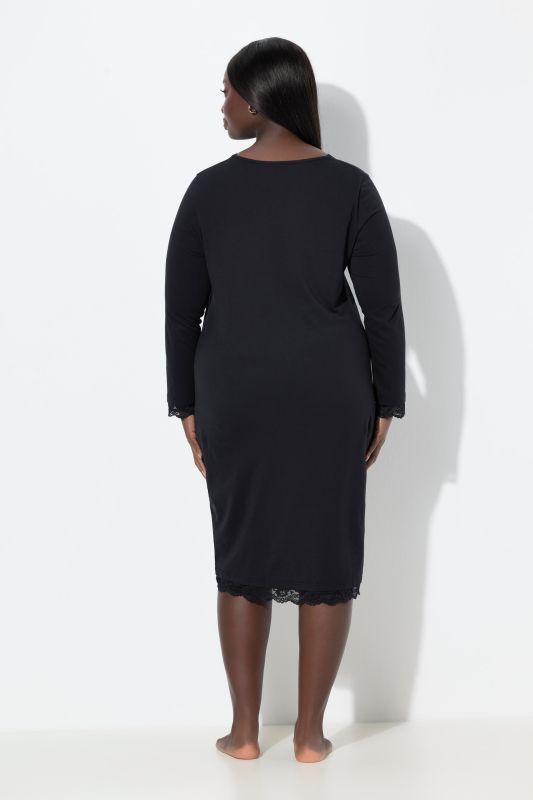 Lace Trim Long Sleeve V-Neck Nightgown