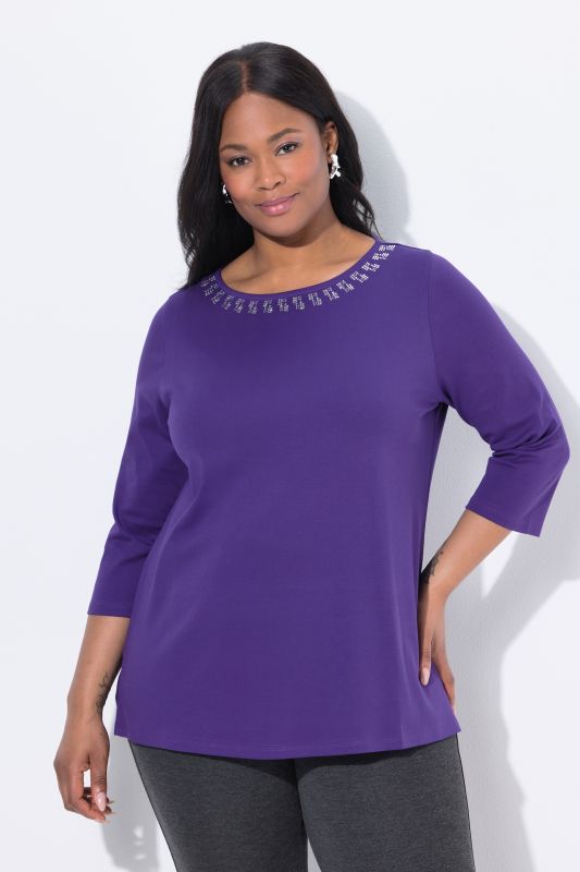 Rhinestone Boat Neck 3/4 Sleeve Top