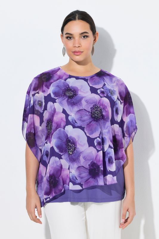 Rhinestone Floral Print Layered Chiffon Blouse