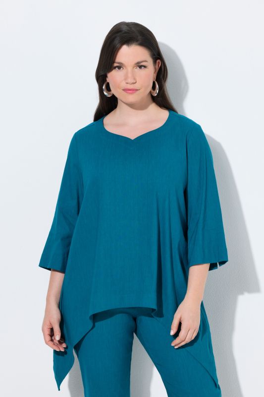Linen Blend Pointed Hem 3/4 Sleeve Blouse
