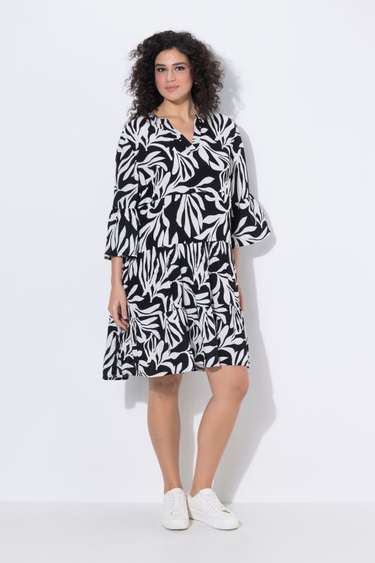 Leafy Print Flounce Panel Midi Dress
