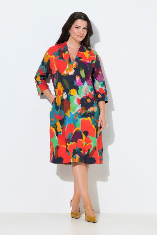 Bright Floral Linen Blend Midi Dress