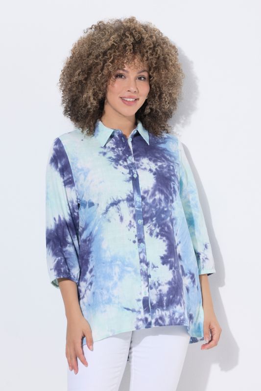 Tie-Dye Print 3/4 Sleeve Linen Blend Blouse