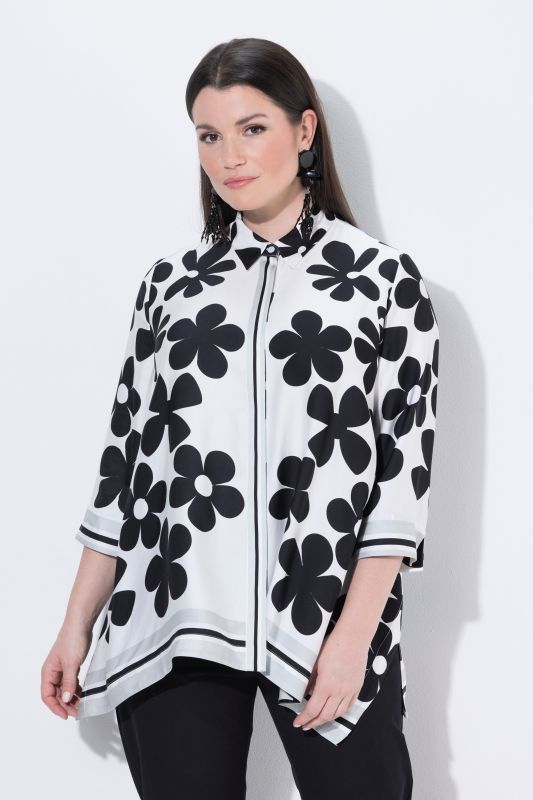 Flower Print Pointed Hem Satin Blouse