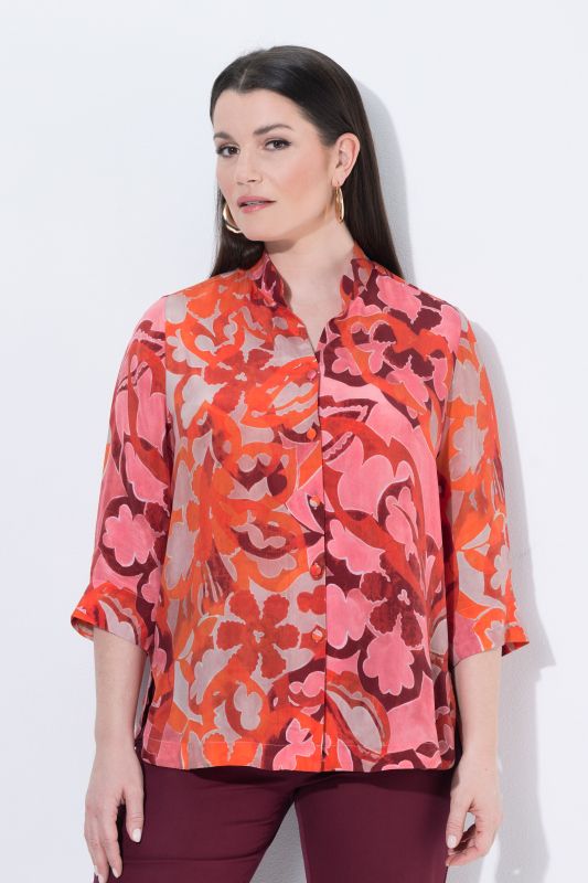 Pink Floral 3/4 Sleeve Button-Down Cupro Blouse