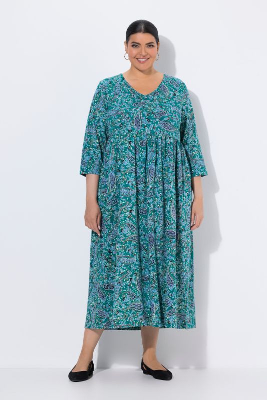 Paisley Bloom V-Neck Knit Empire Waist A-Line Pocket Dress