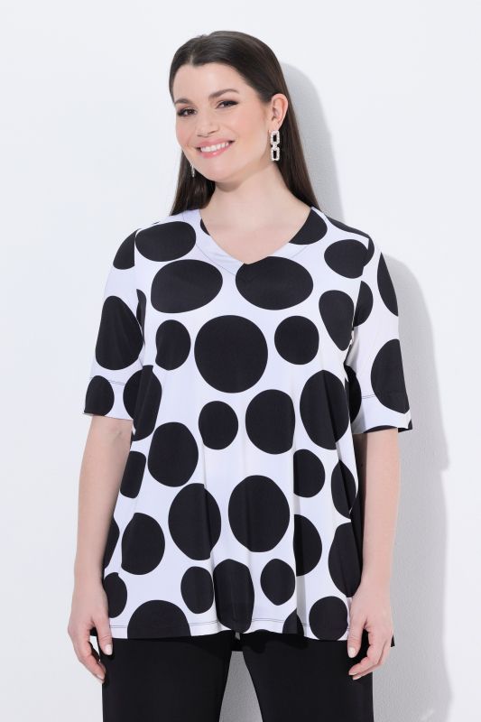 Polka Dot Slinky Stretch-Fit Godet Pleated T-Shirt Blouse
