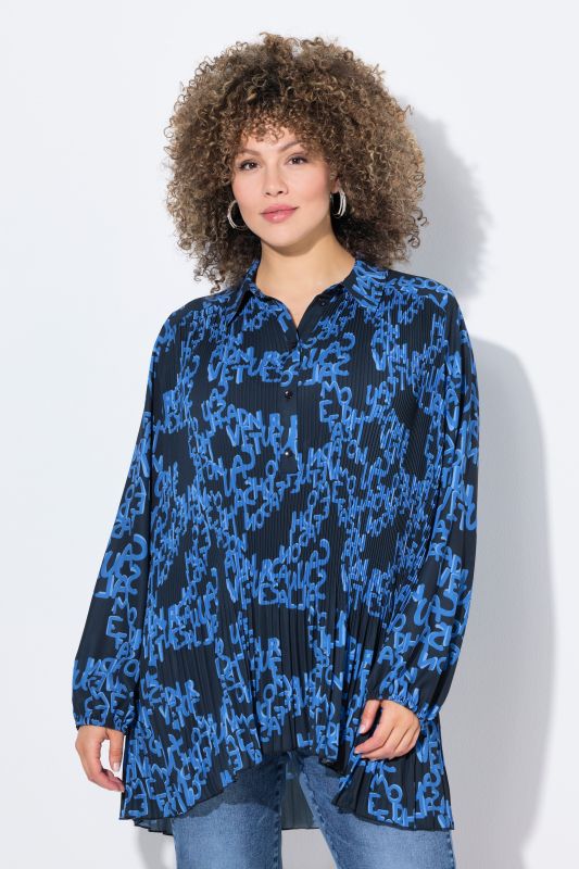 Letter Print Long Sleeve Pleated Blouse