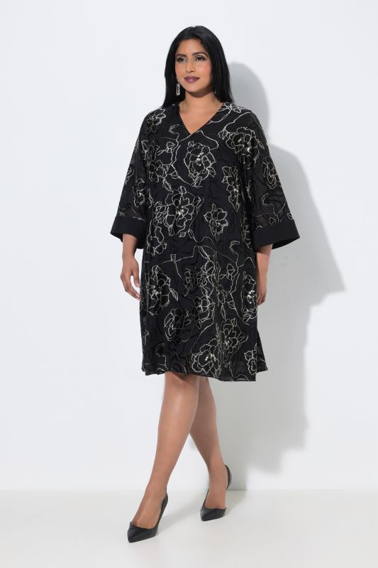 Silk Blend Floral Embroidered 3/4 Sleeve Dress