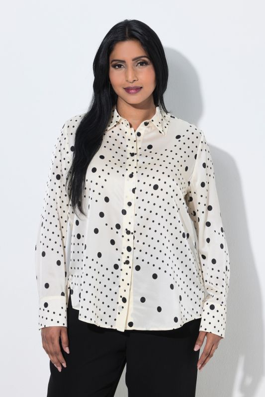 Silk Blend Mixed Polka Dot Long Sleeve Button-Down Blouse