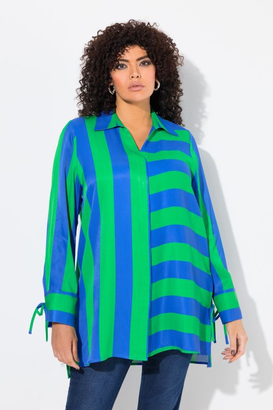 Mixed Stripe Button Front Tunic Blouse