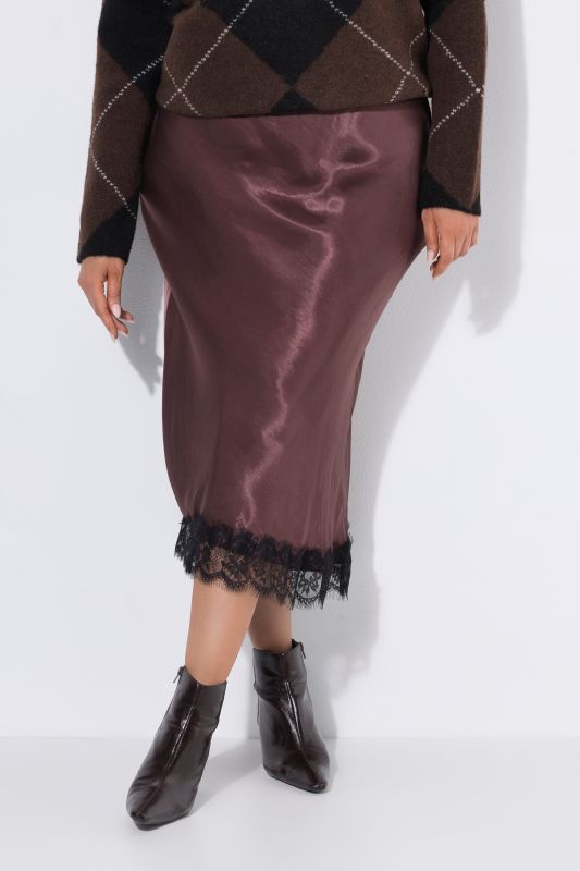 Lace Trimmed Elastic Waist Satin Skirt