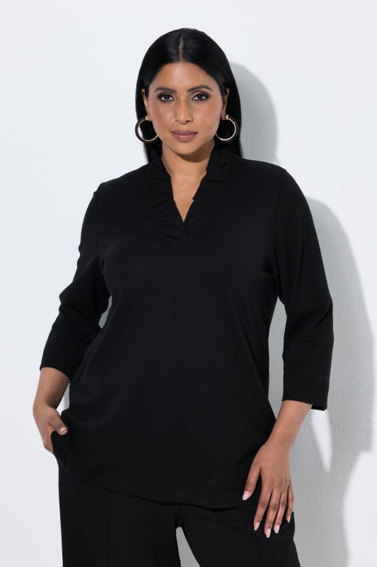 Ruffled Neckline 3/4 Sleeve T-Shirt Blouse