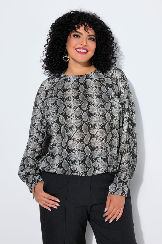 Snake Print Long Sleeve Drawstring Hem Blouse