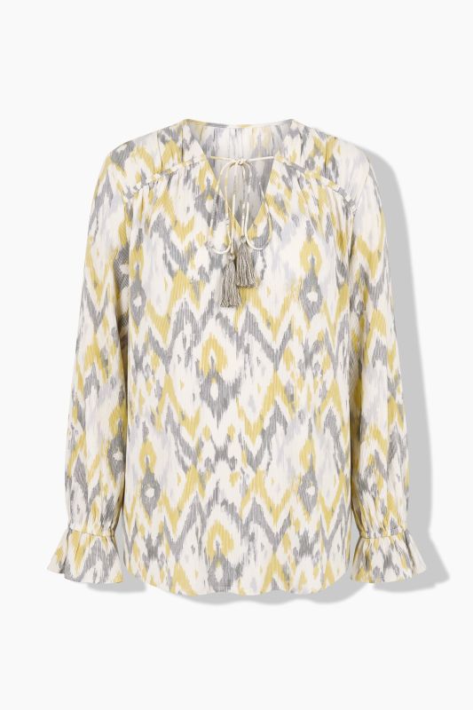 Blouse, A-line, patterned, long sleeves with flounce