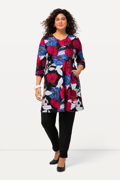 Bright Floral V-Neck Cotton Swing Knit Tunic