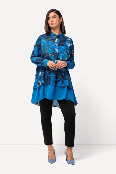 Tunic, leaves, A-line, stand-up collar, long sleeves