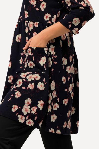 Floral Print Round Neck Empire A-line Knit Tunic