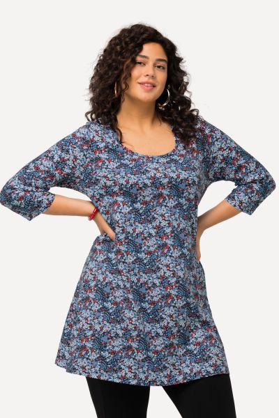 Tonal Floral Print Round Neck Knit Swing Tunic