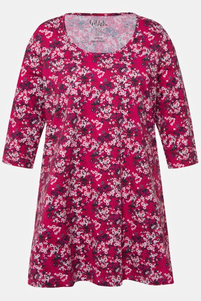 Tonal Floral Print Round Neck Knit Swing Tunic