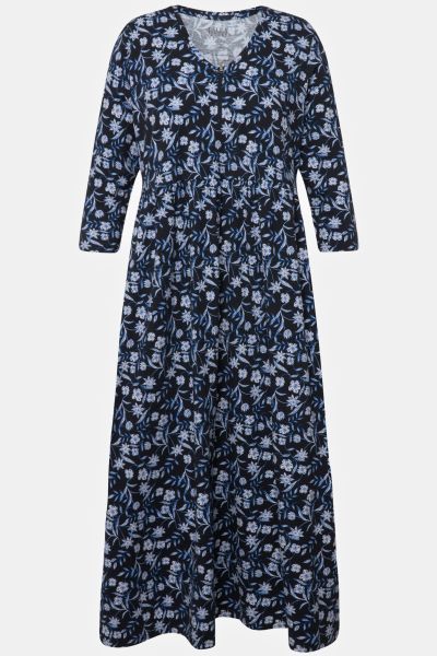 Blue Floral Print Empire Knit A-line Pocket Dress