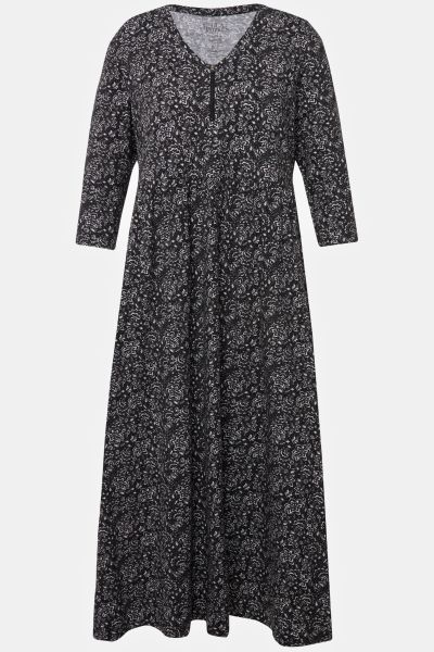 Black White Floral Print Empire Knit A-line Pocket Dress