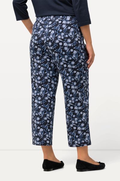 Blue Floral Cotton Knit Elastic Waist Pocket Pants