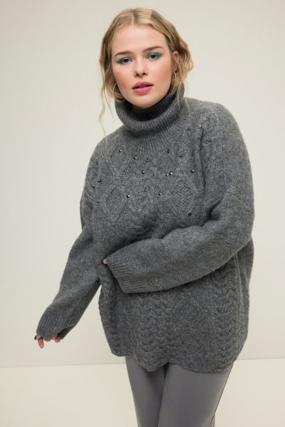 Turtleneck sweater, oversized, cable knit, decorative rivets