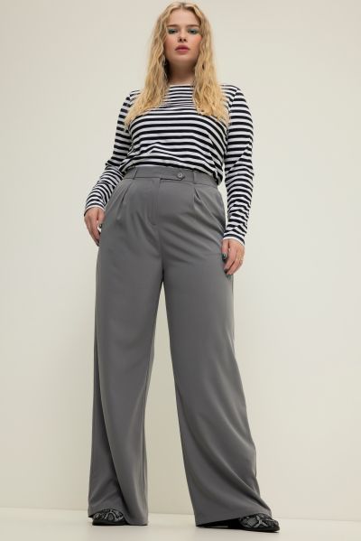 Trousers, high waist, wide leg, pleats, partially elastic waistband