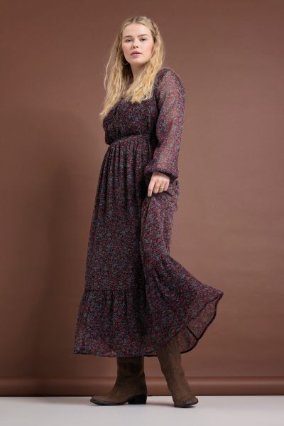 Maxi dress, A-line, paisley print, V-neck, elastic waist, long sleeves