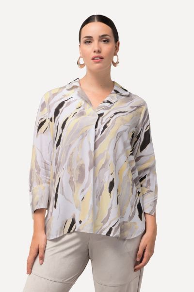 Marble Print 3/4 Sleeve Collared Blouse