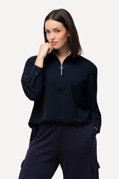 Zip-Up Collared Long Sleeve Blouse