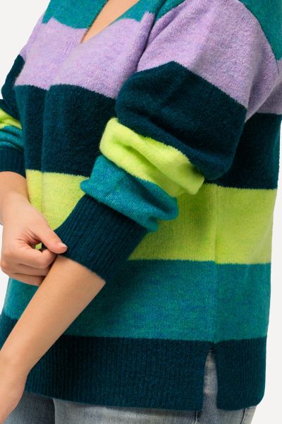 Block Stripe Long Sleeve V-Neck Sweater