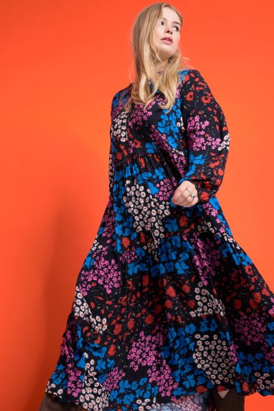 Tiered Mixed Floral Long Sleeve Maxi Dress