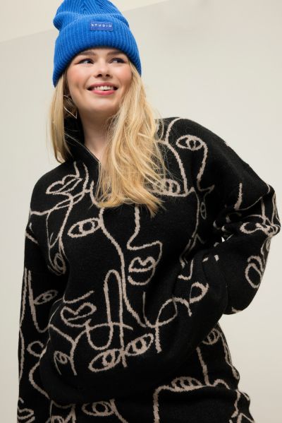 Troyer Collar Abstract Faces Sweater