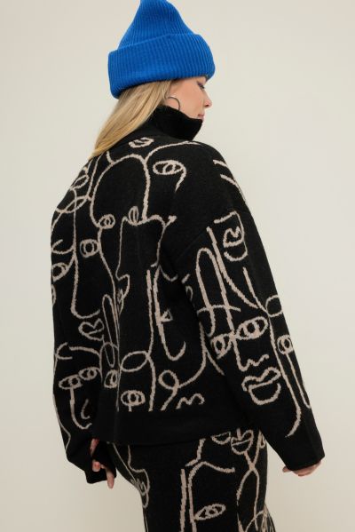 Troyer Collar Abstract Faces Sweater