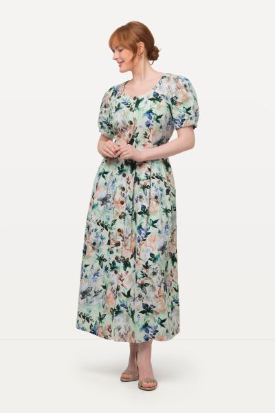 Floral Button Front Dress with Puff Sleeves