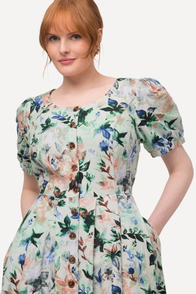 Floral Button Front Dress with Puff Sleeves