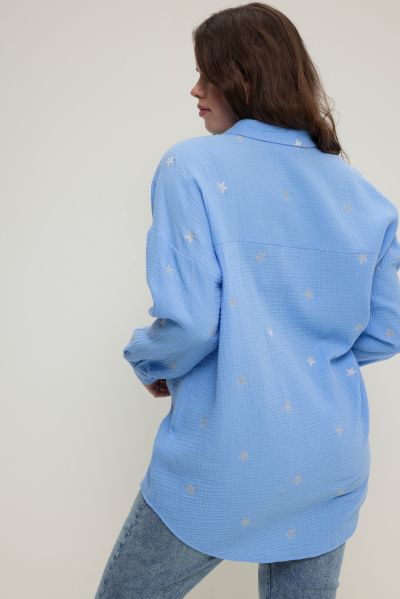 Star Embroidery Oversized Button Front Cotton Shirt  