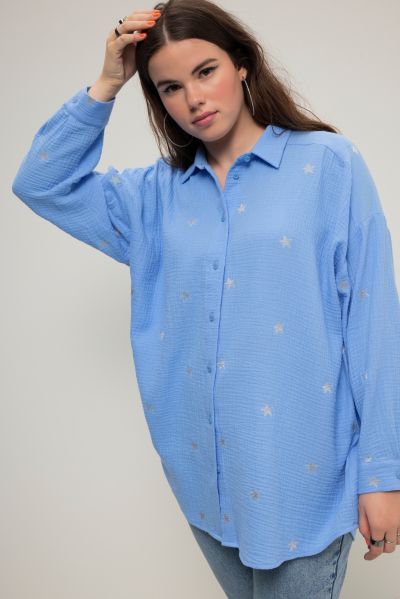 Star Embroidery Oversized Button Front Cotton Shirt  