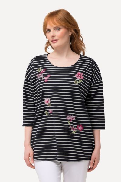 Floral Embroidery Stripe Stretch Tee