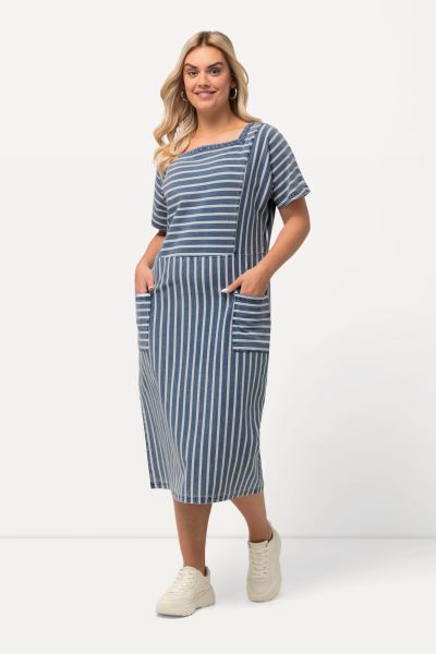 Striped Indigo-Dyed Short Sleeve Sweatshirt Dress