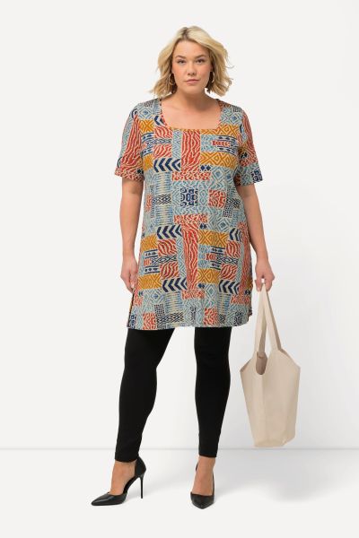 Graphic Square Neck Short Sleeve A-line Knit Tunic