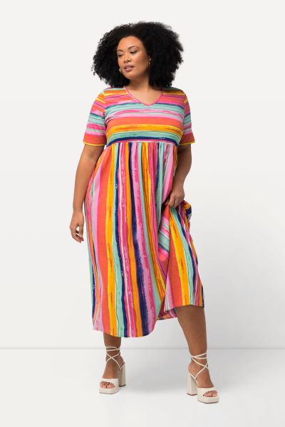 Rainbow Stripe Short Sleeve Pocket Empire Knit Dress